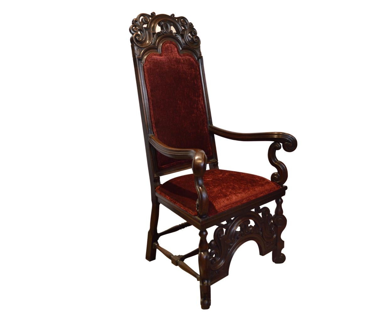 Jacobean Pair of French Antique, 19th Century Hand-Carved Walnut High Back Chairs For Sale
