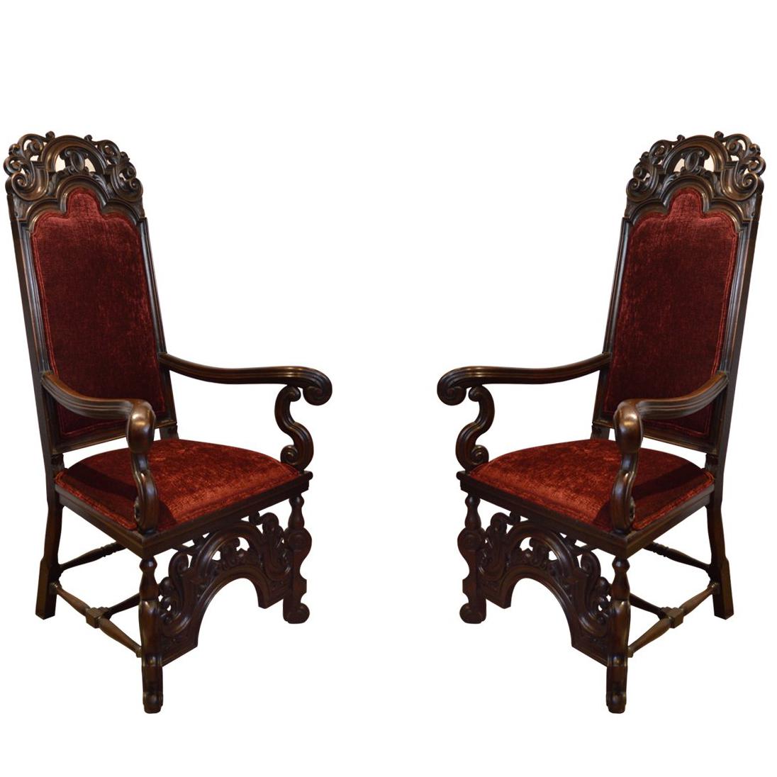 Pair of French Antique, 19th Century Hand-Carved Walnut High Back Chairs For Sale