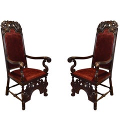 Pair of French Antique, 19th Century Hand-Carved Walnut High Back Chairs