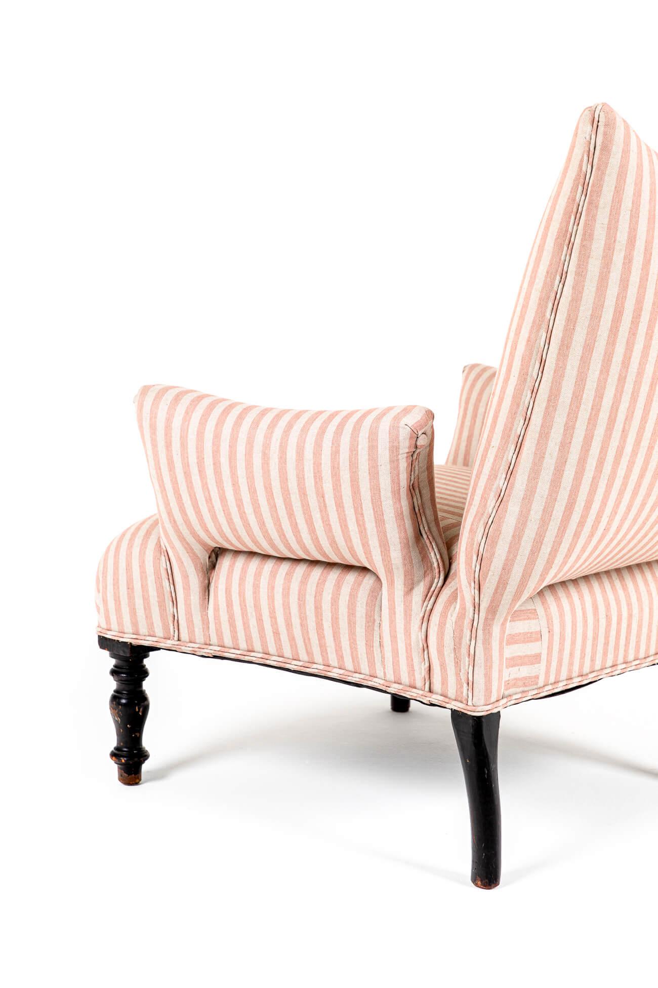 Pair of French Antique Armchairs in Pink Stripe Linen For Sale 4