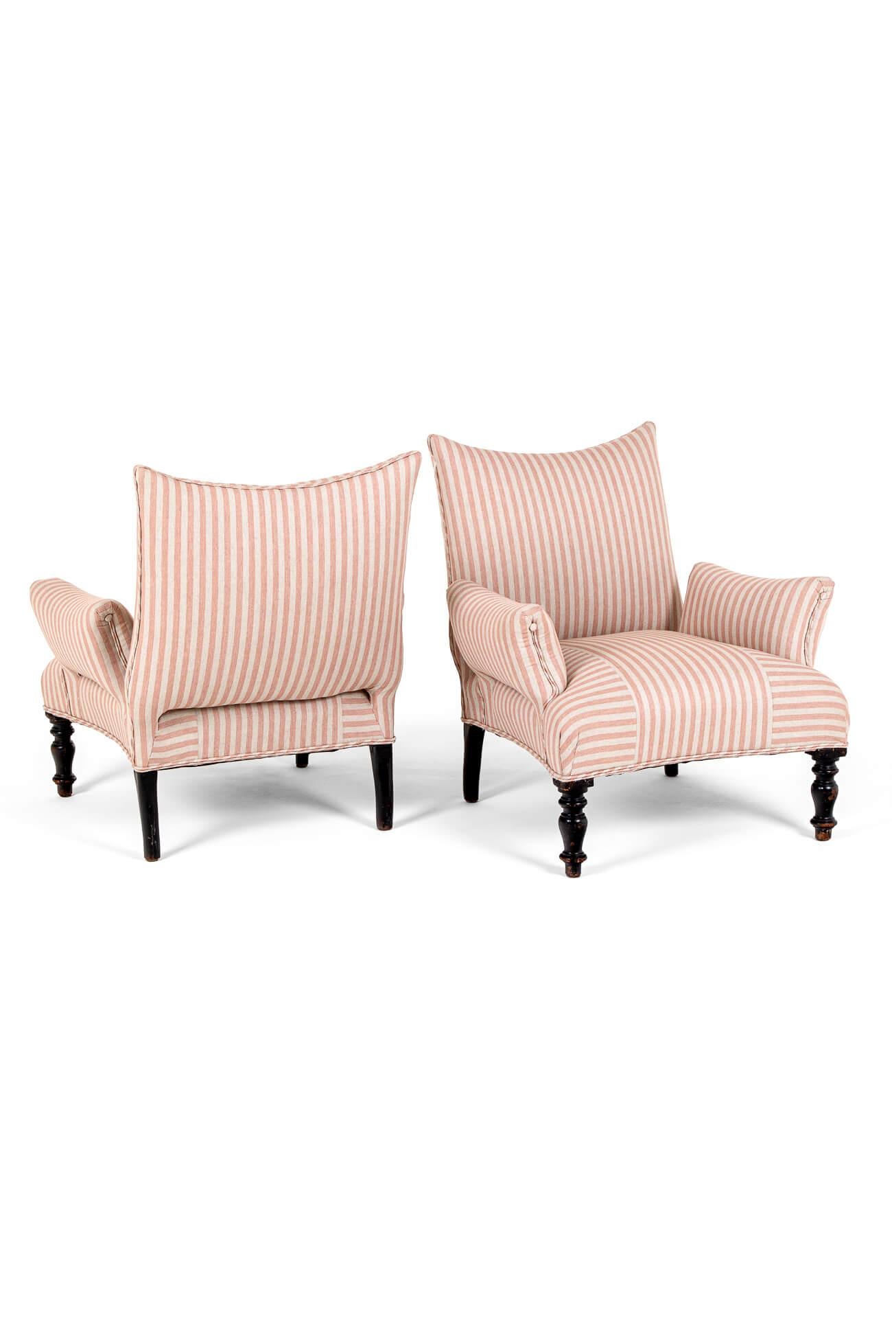 French Provincial Pair of French Antique Armchairs in Pink Stripe Linen For Sale