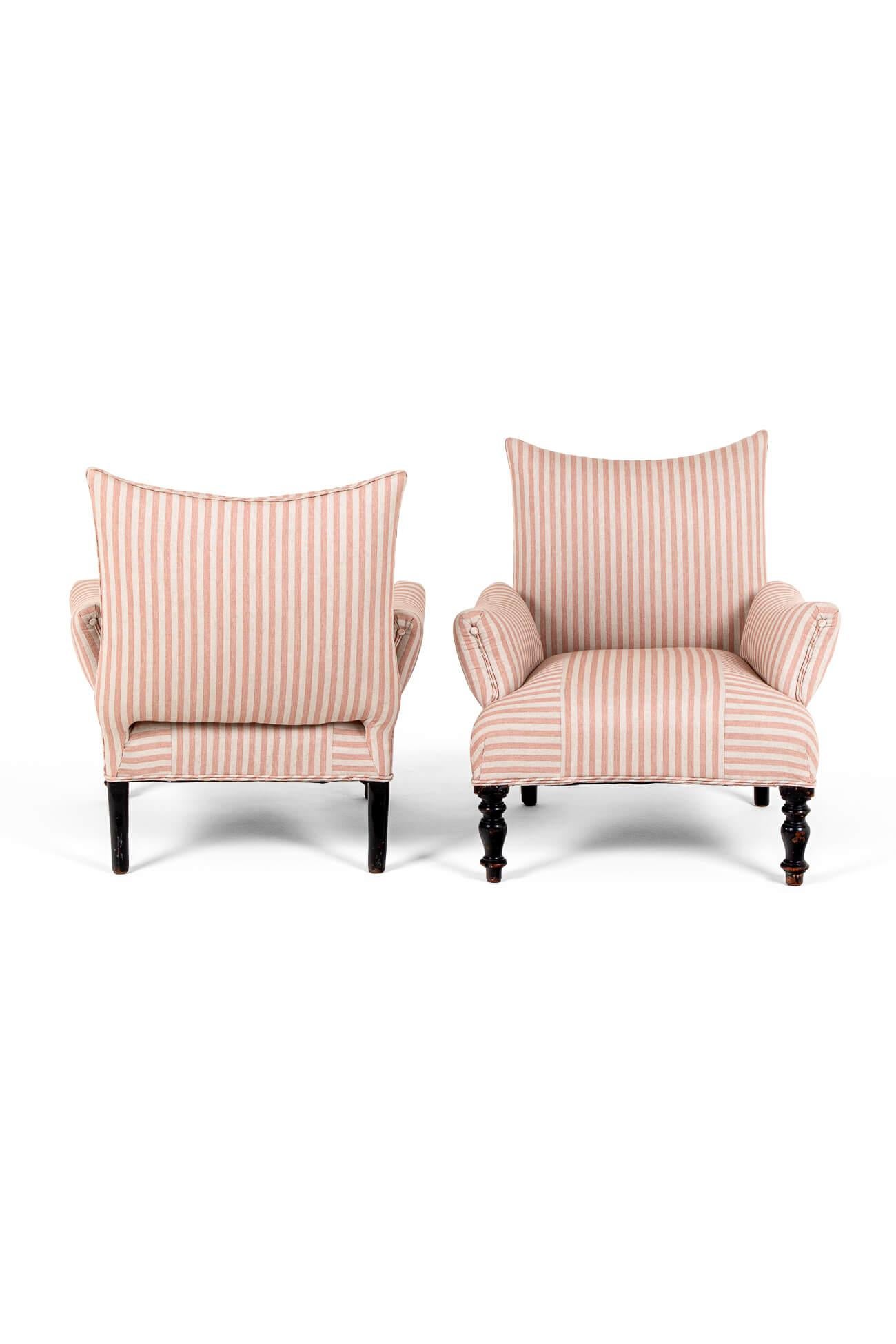 Hand-Crafted Pair of French Antique Armchairs in Pink Stripe Linen For Sale
