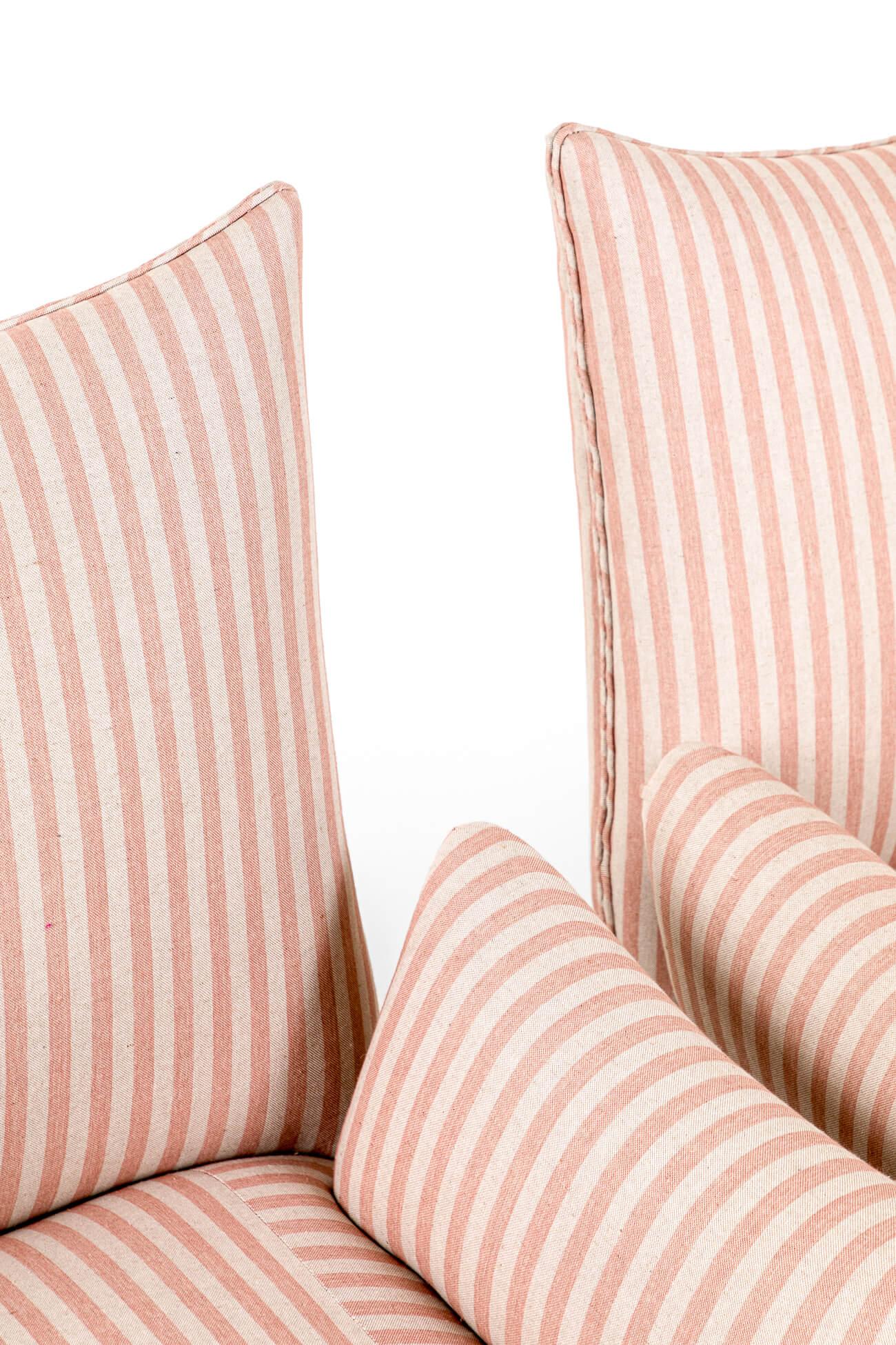 19th Century Pair of French Antique Armchairs in Pink Stripe Linen For Sale