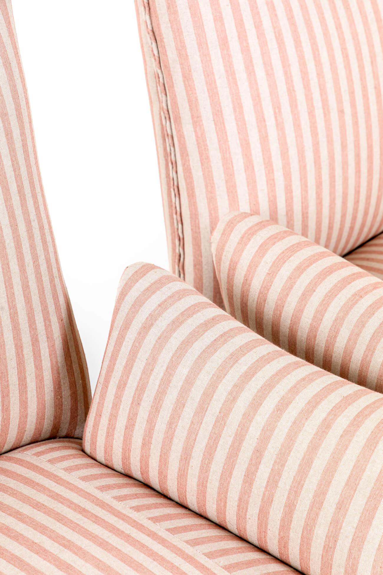 Pair of French Antique Armchairs in Pink Stripe Linen For Sale 1