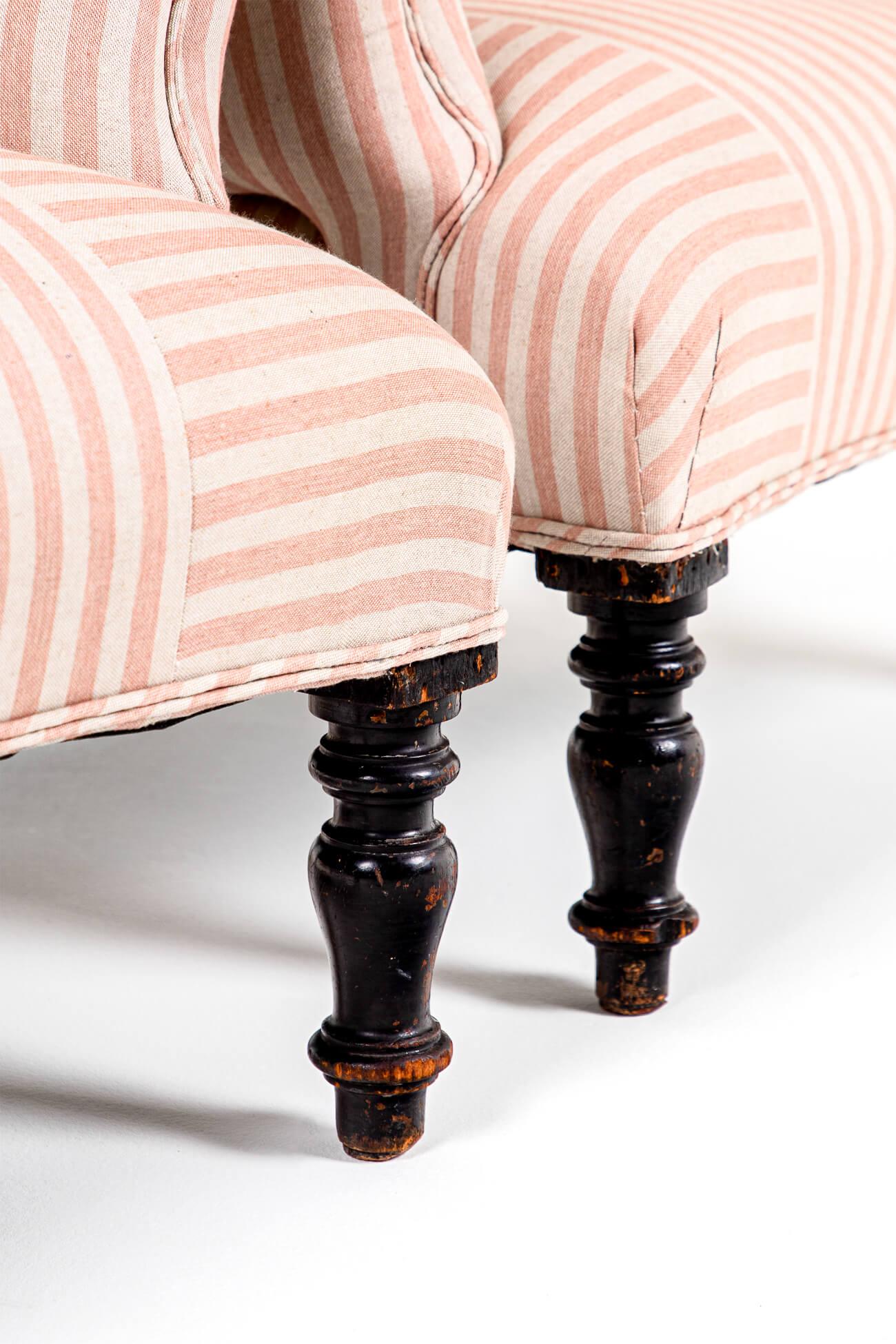 Pair of French Antique Armchairs in Pink Stripe Linen For Sale 3