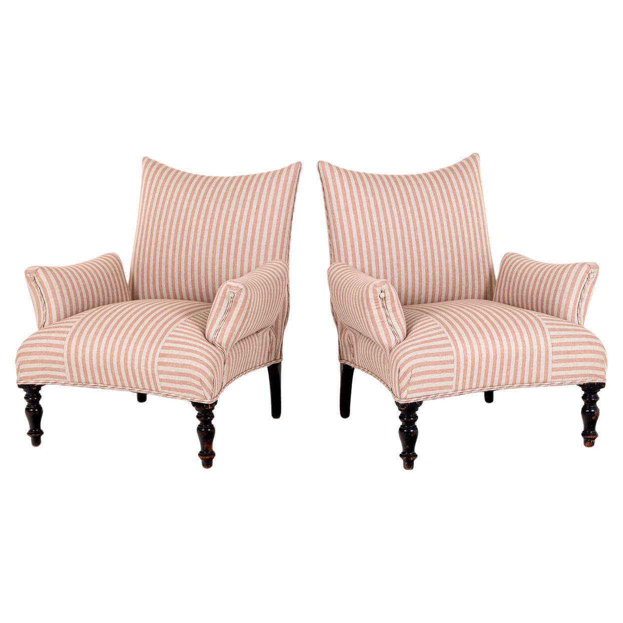 Pair of French Antique Armchairs in Pink Stripe Linen For Sale