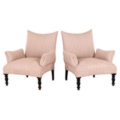 Pair of French Antique Armchairs in Pink Stripe Linen