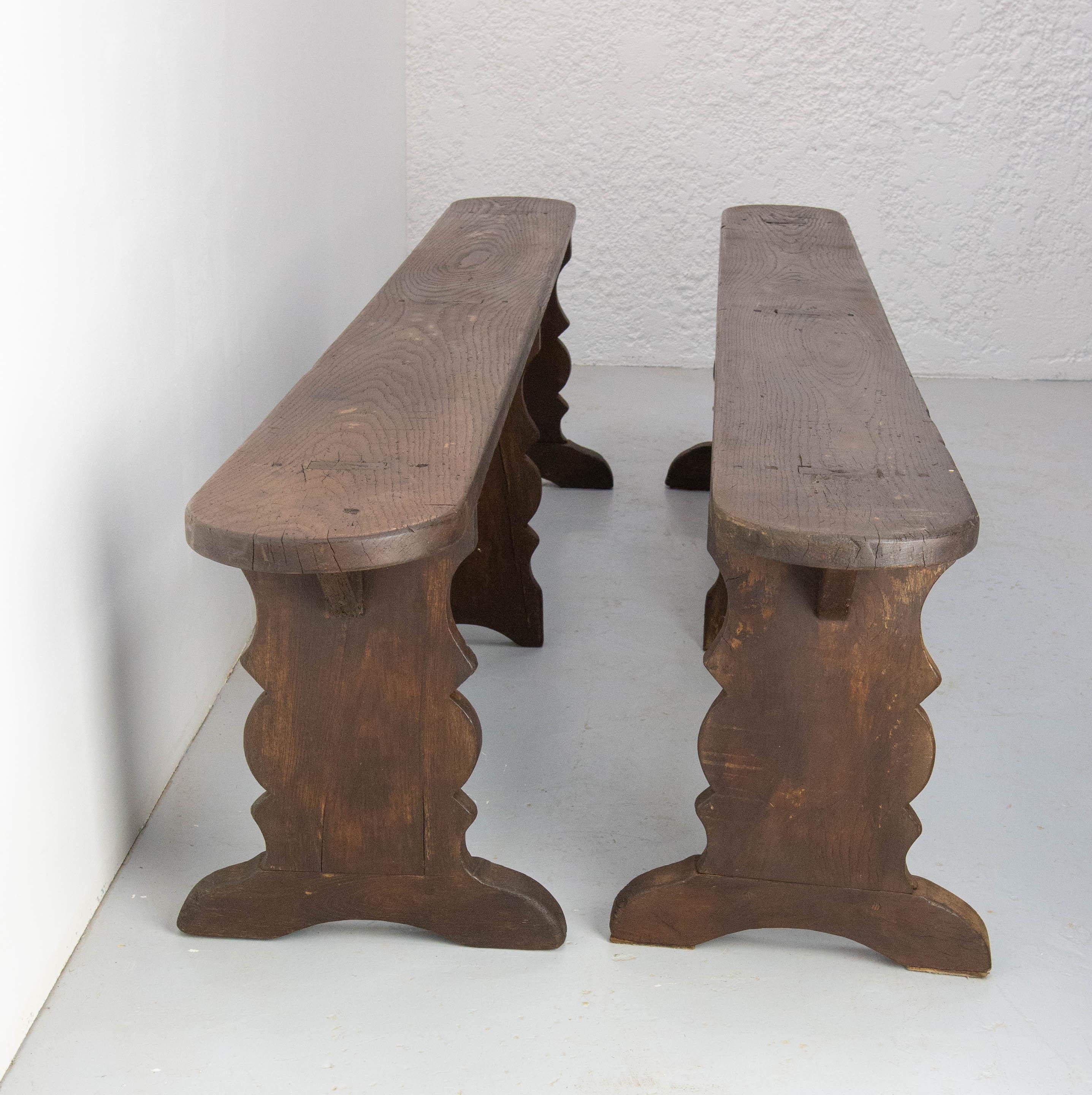 Pair of French Antique Benches Massive Chestnut, circa 1900 In Good Condition For Sale In Labrit, Landes