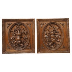 Pair of French Antique Black Forest Panels in Carved Oak, Late 19th Century