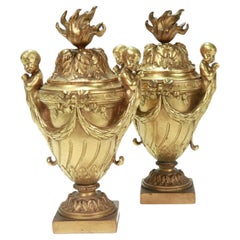 Pair of French Antique Cabinet Sized Doré Gilt Bronze Cassolettes / Covered Urns