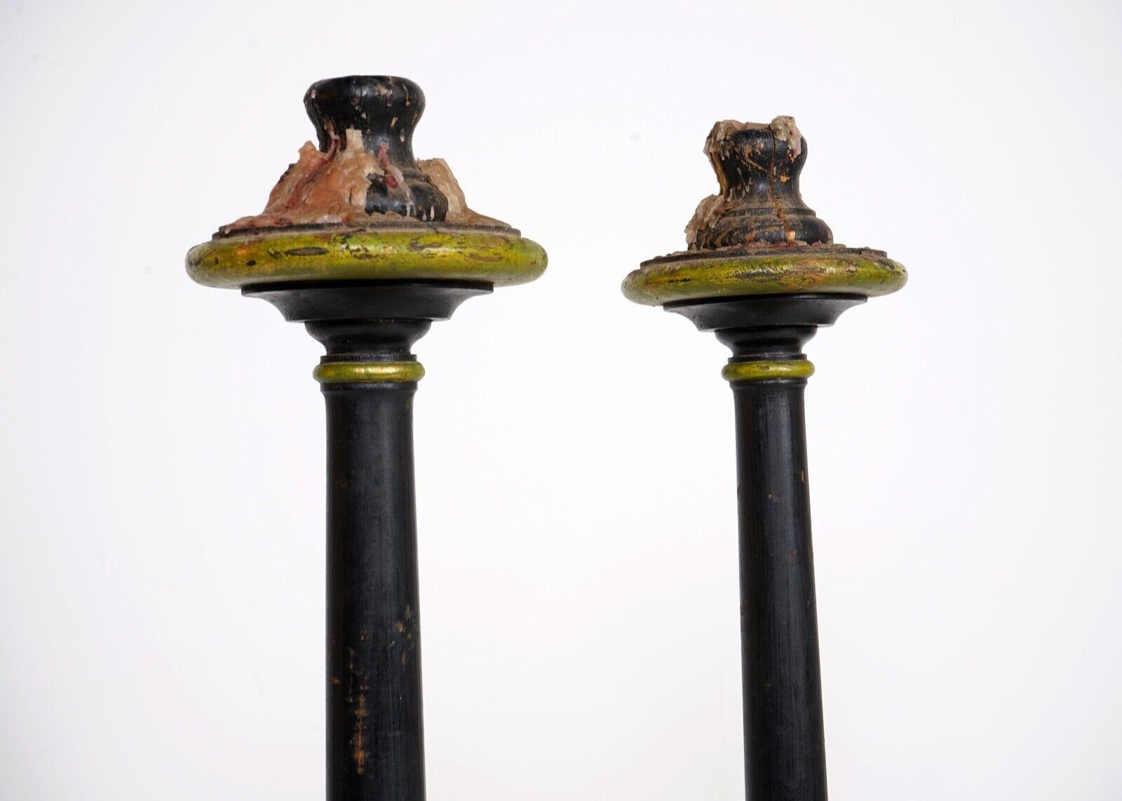A pair of 19th century French tall wooden candle sticks.
 Lovely patina with original paint finish.

Dimensions

H 101cm D 28cm (at base)

About Us 
We are a small online business which sells a selection of Vintage & Antique furniture as