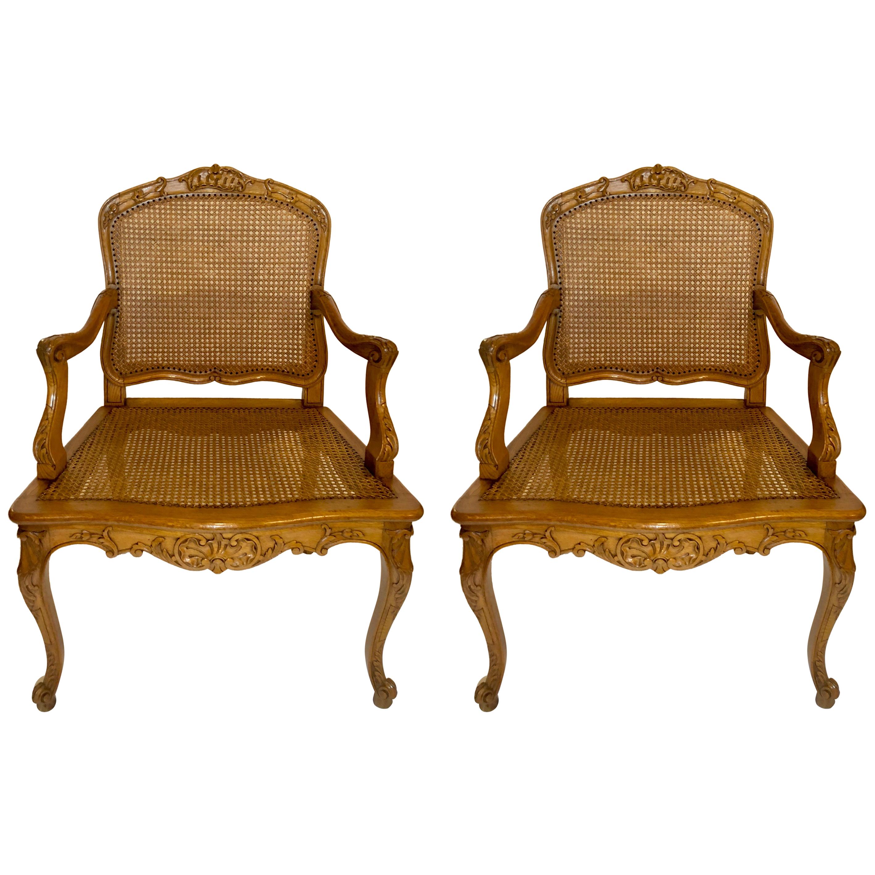 Pair of French Antique Carved Elm Armchairs, circa 1910-1920