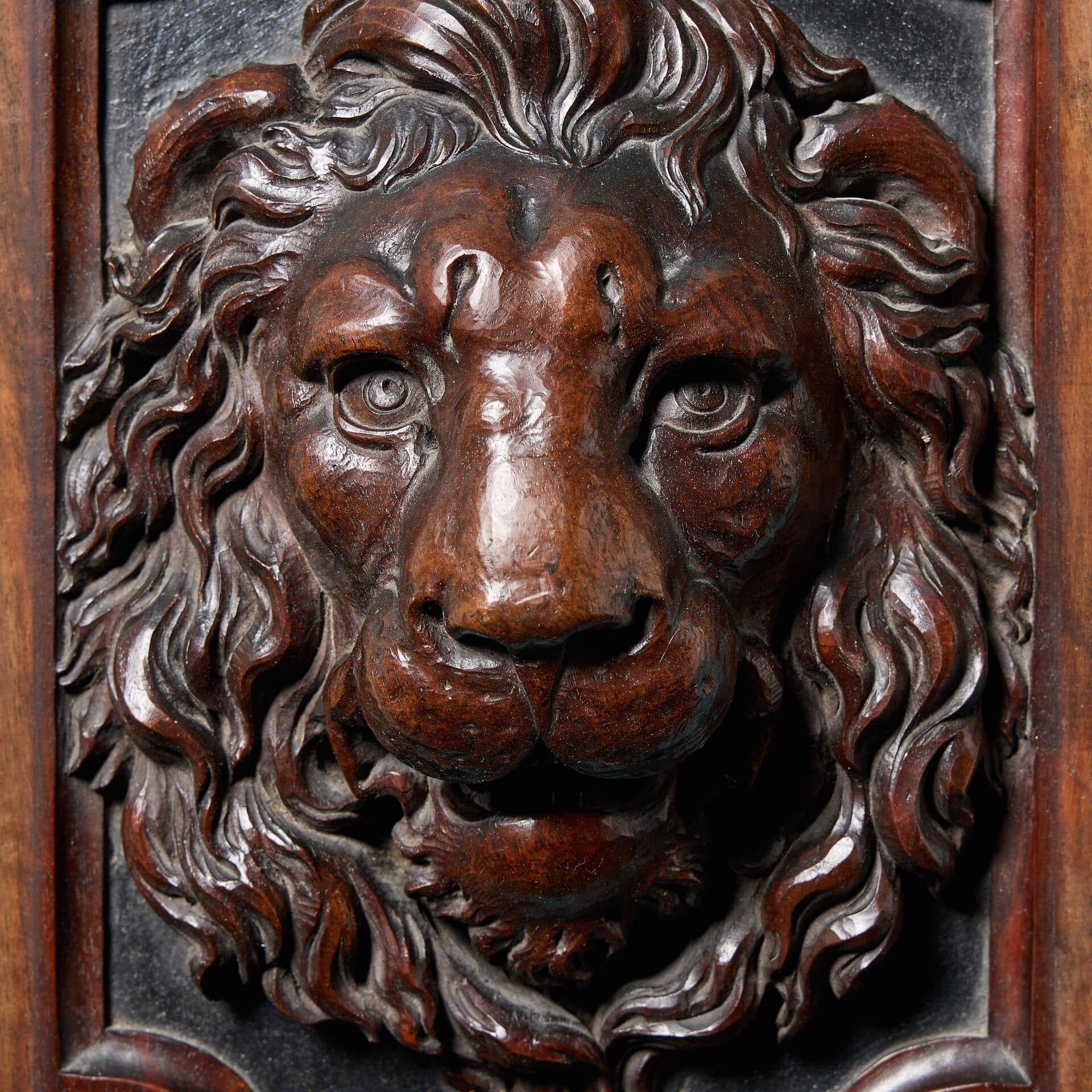 Victorian Pair of English Antique Carved Lion Panels For Sale