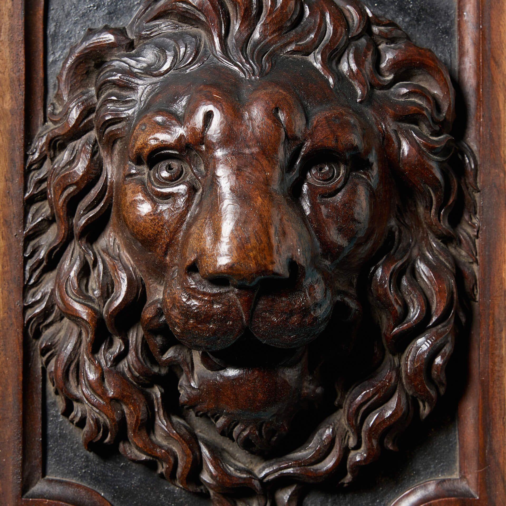 Hand-Carved Pair of English Antique Carved Lion Panels For Sale