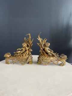 Pair of French Antique Cast Brass Belle Epoque Style Andirons