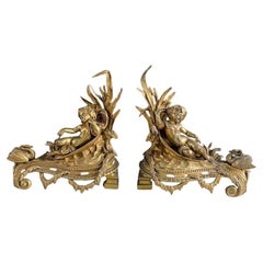 Pair of French Antique Cast Brass Belle Epoque Style Andirons