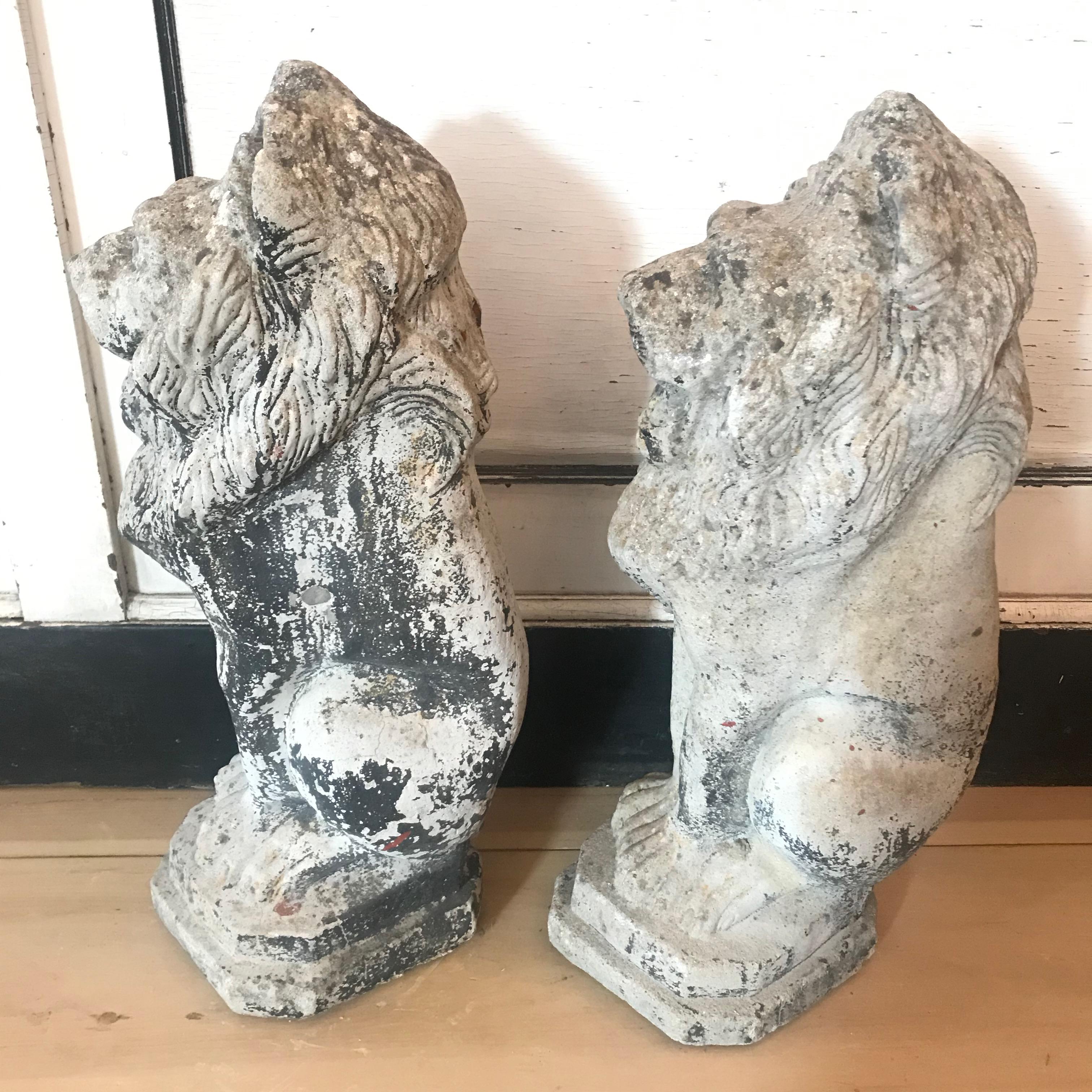 Pair of French Antique Cast Stone Lion Garden Statues or Ornaments 8
