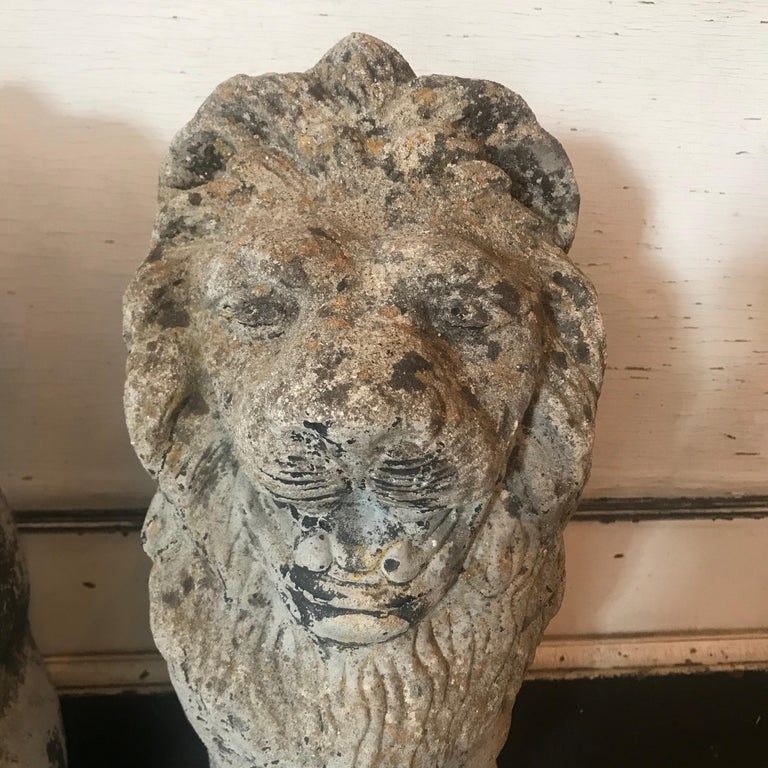 Pair of French Antique Cast Stone Lion Garden Statues or Ornaments For