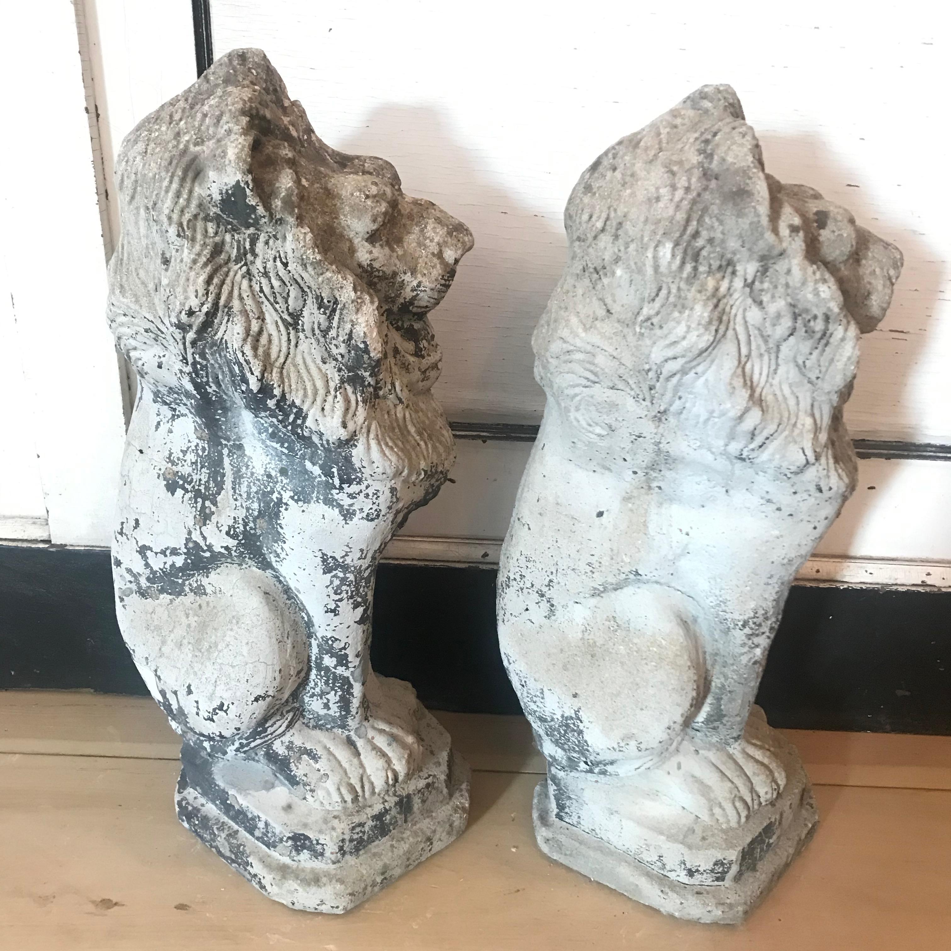Pair of French Antique Cast Stone Lion Garden Statues or Ornaments 1