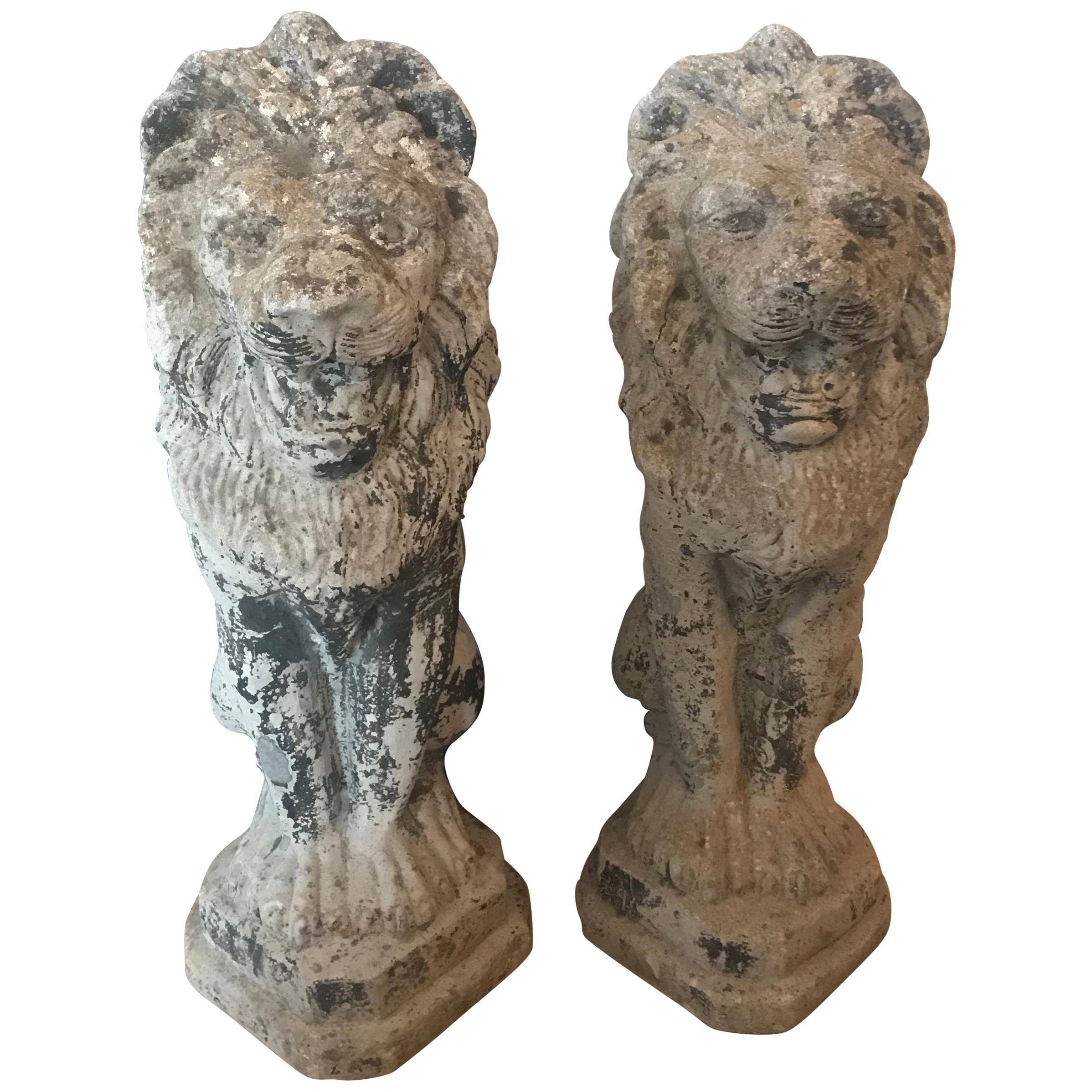 Pair of French Antique Cast Stone Lion Garden Statues or Ornaments