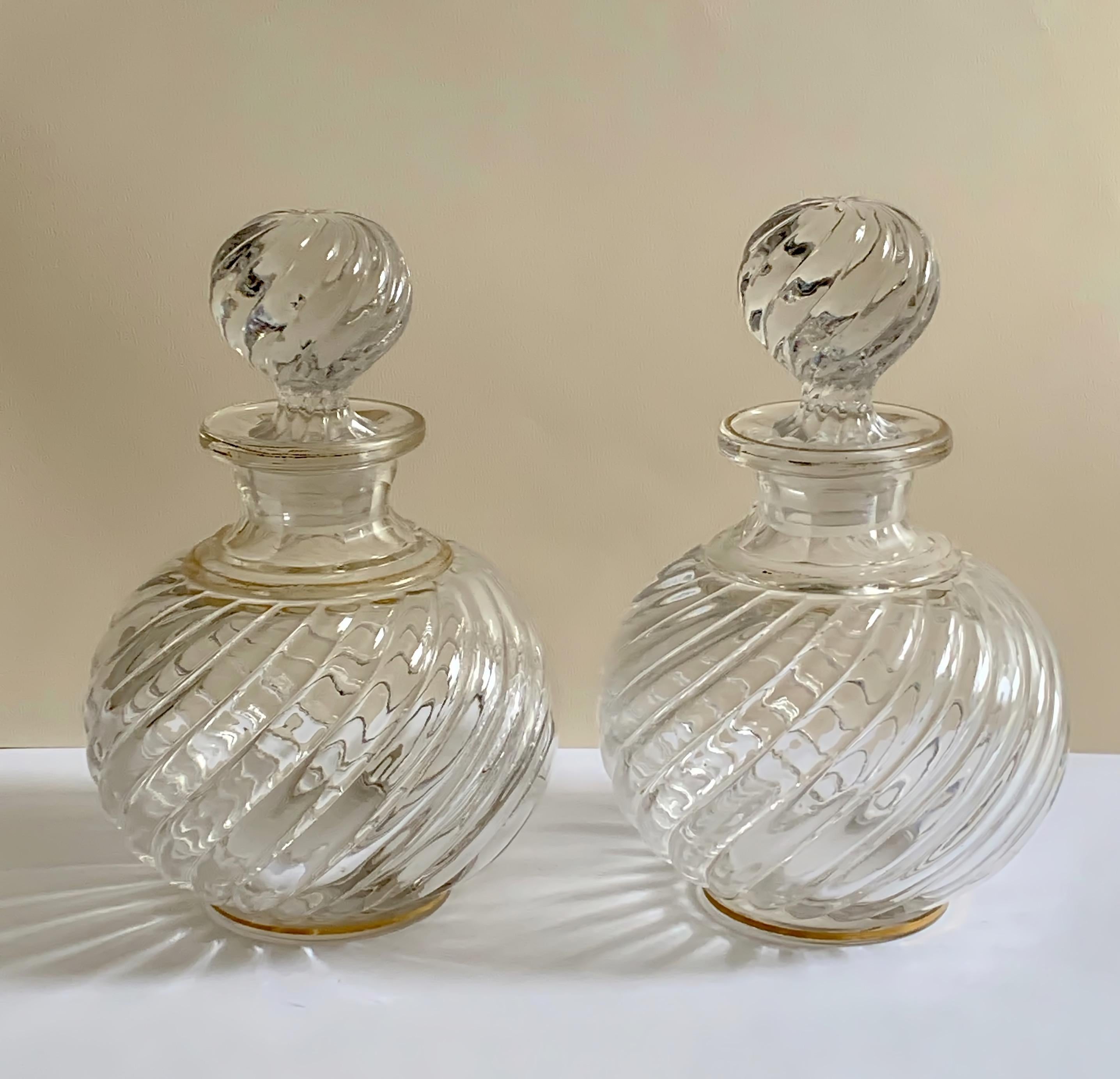 19th Century Pair of French Antique Crystal Bamboo Swirl Bottles by Baccarat