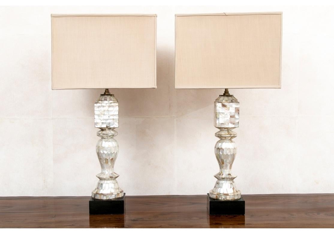 Pair of French Antique Eric Appel Tessellated Mother of Pearl Table Lamps 2