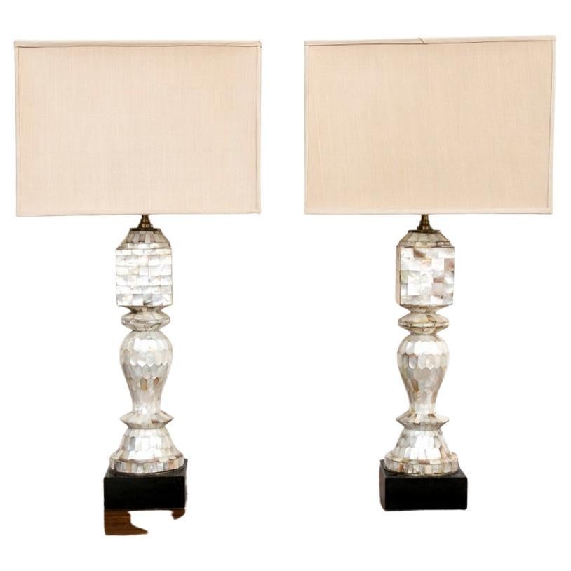 Pair of French Antique Eric Appel Tessellated Mother of Pearl Table Lamps