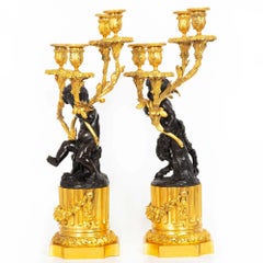 Pair of French Antique Four-Light "Satyr & Bacchante" Candelabra after Clodion
