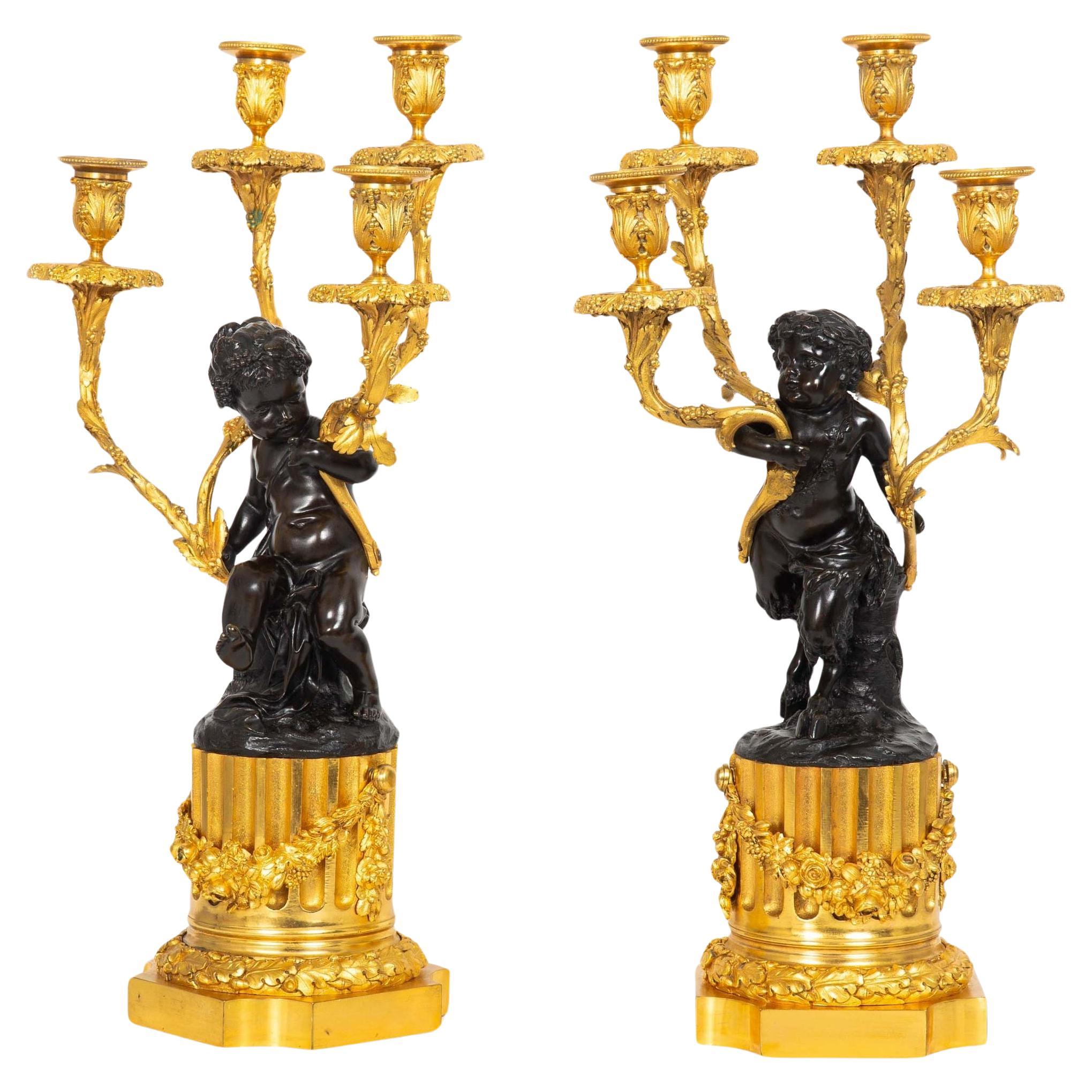 Paire de candélabres français anciens à quatre lumières « Satyre et Bacchante » d'après Clodion