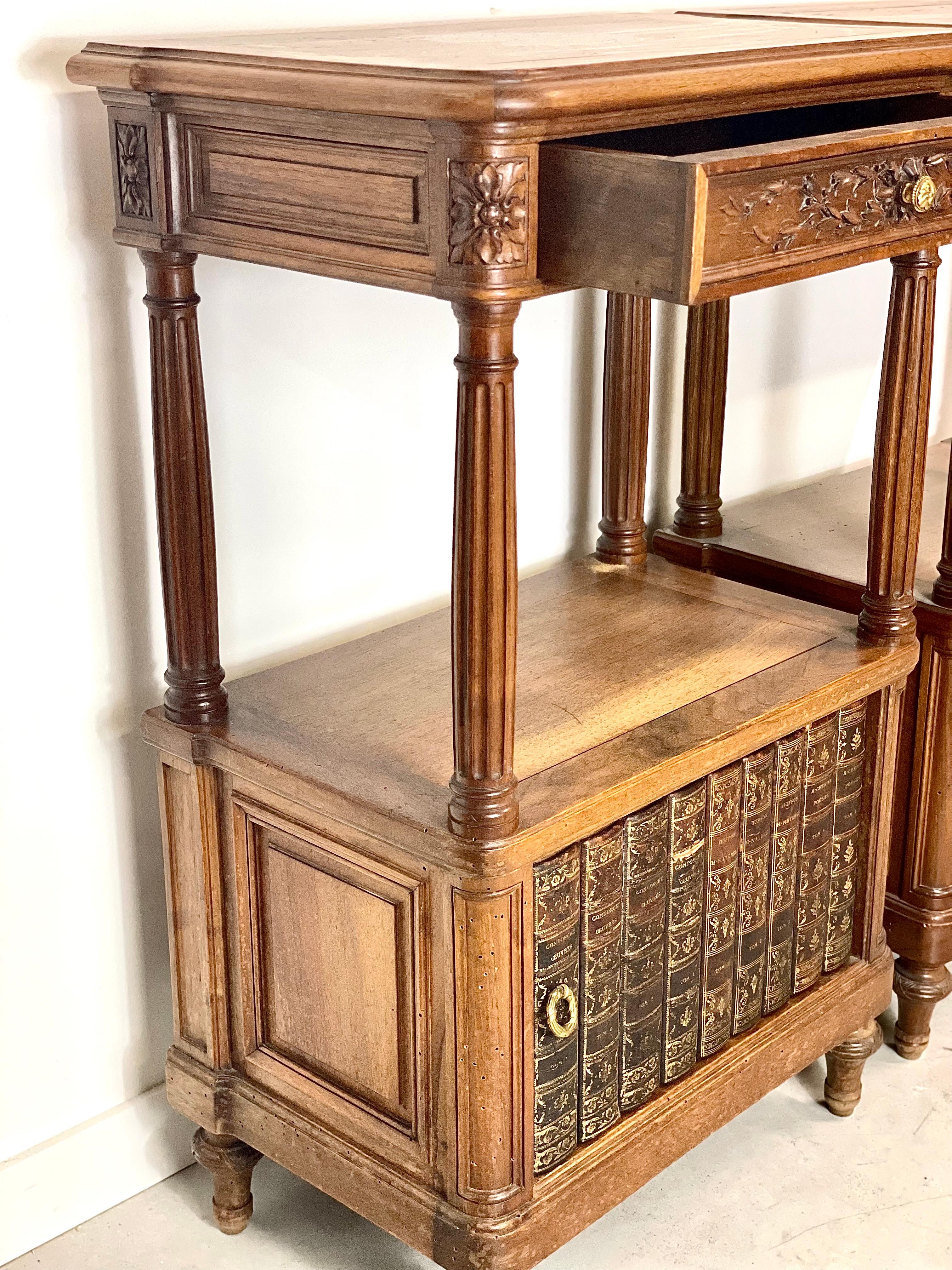 Wood Pair of French Antique Faux Books Bedside Tables