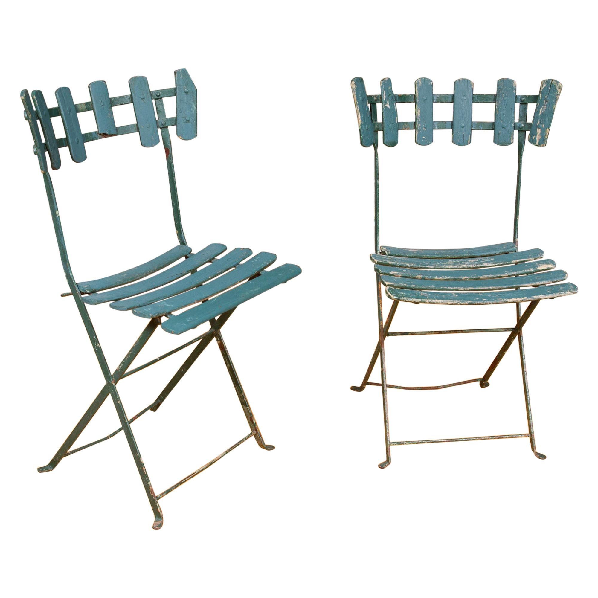 Pair of French Antique Garden or Bistro Iron Green Painted Folding Chairs