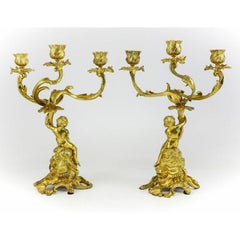 Pair of French Antique Gilt Bronze Angels or Putti Candelabra Chandeliers 19th C