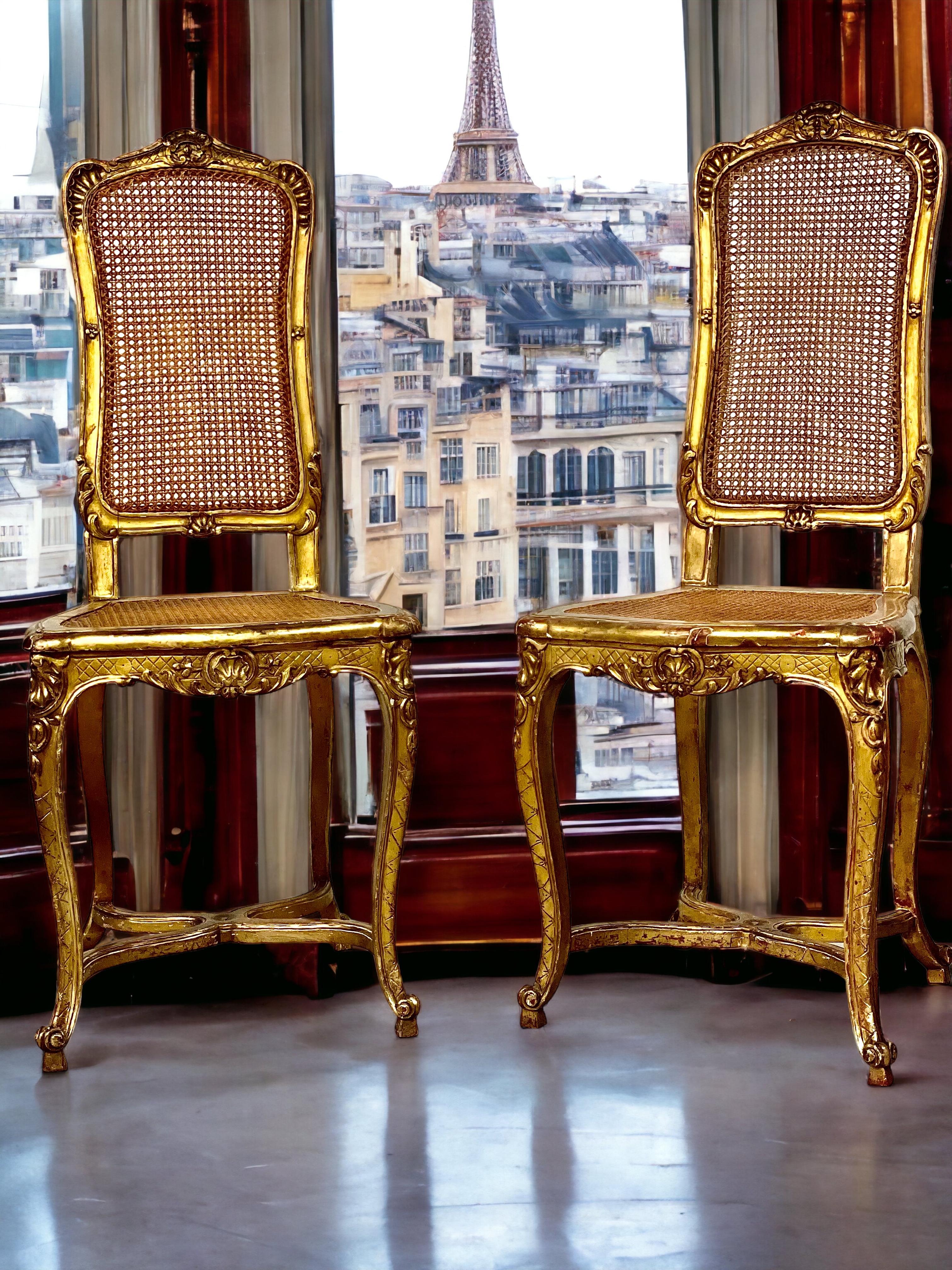Pair of French Antique Giltwood Caned Side Chairs For Sale 10