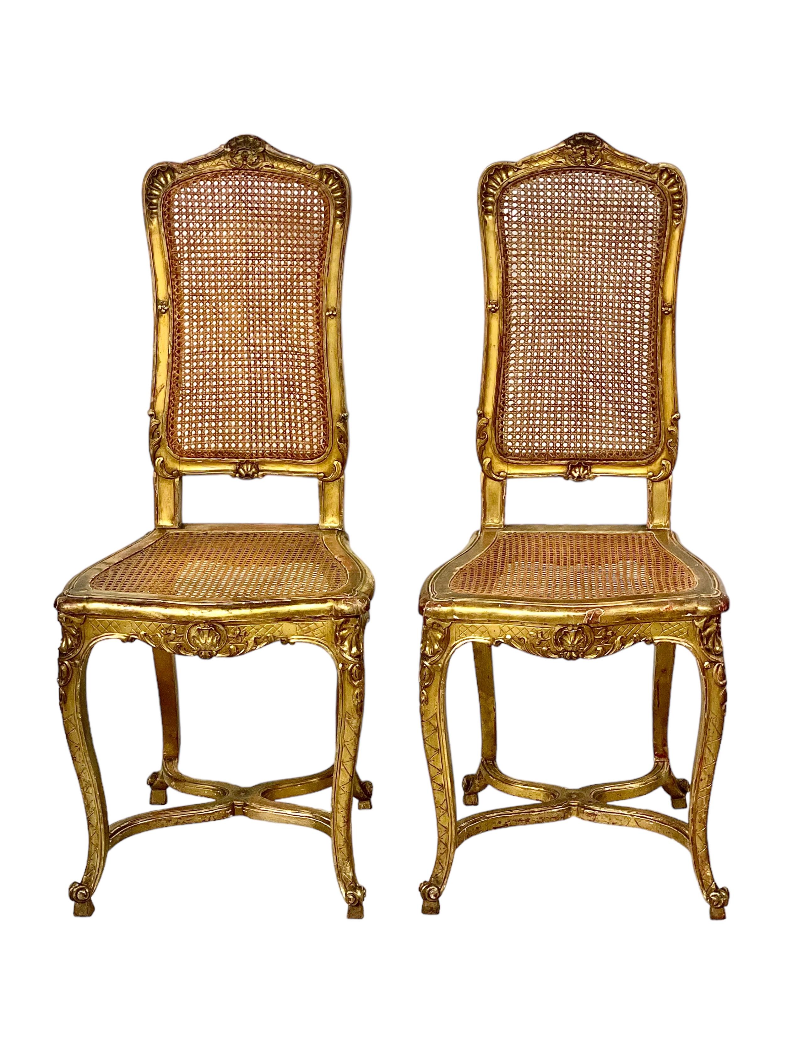 19th Century Pair of French Antique Giltwood Caned Side Chairs For Sale