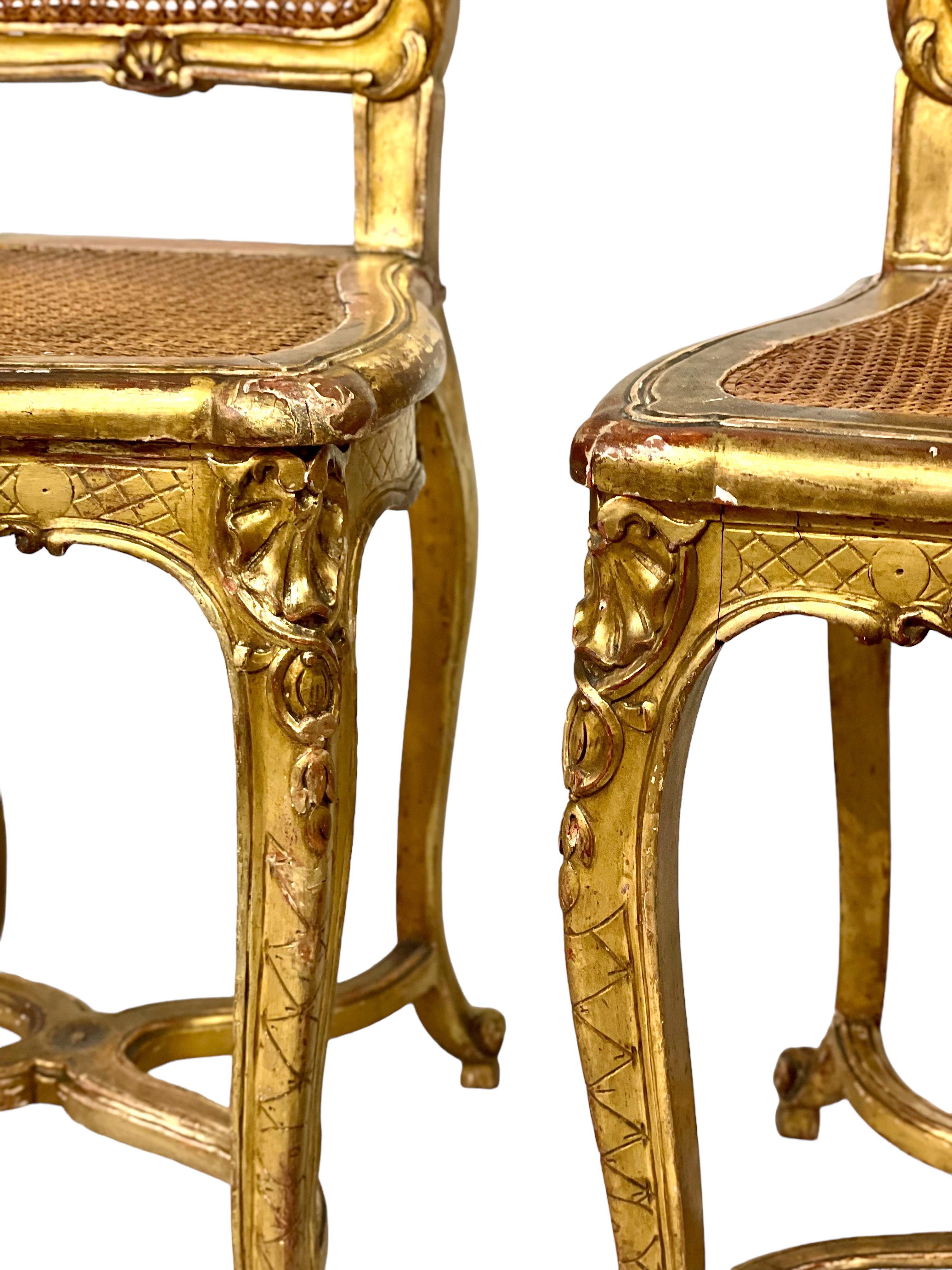 Pair of French Antique Giltwood Caned Side Chairs For Sale 4