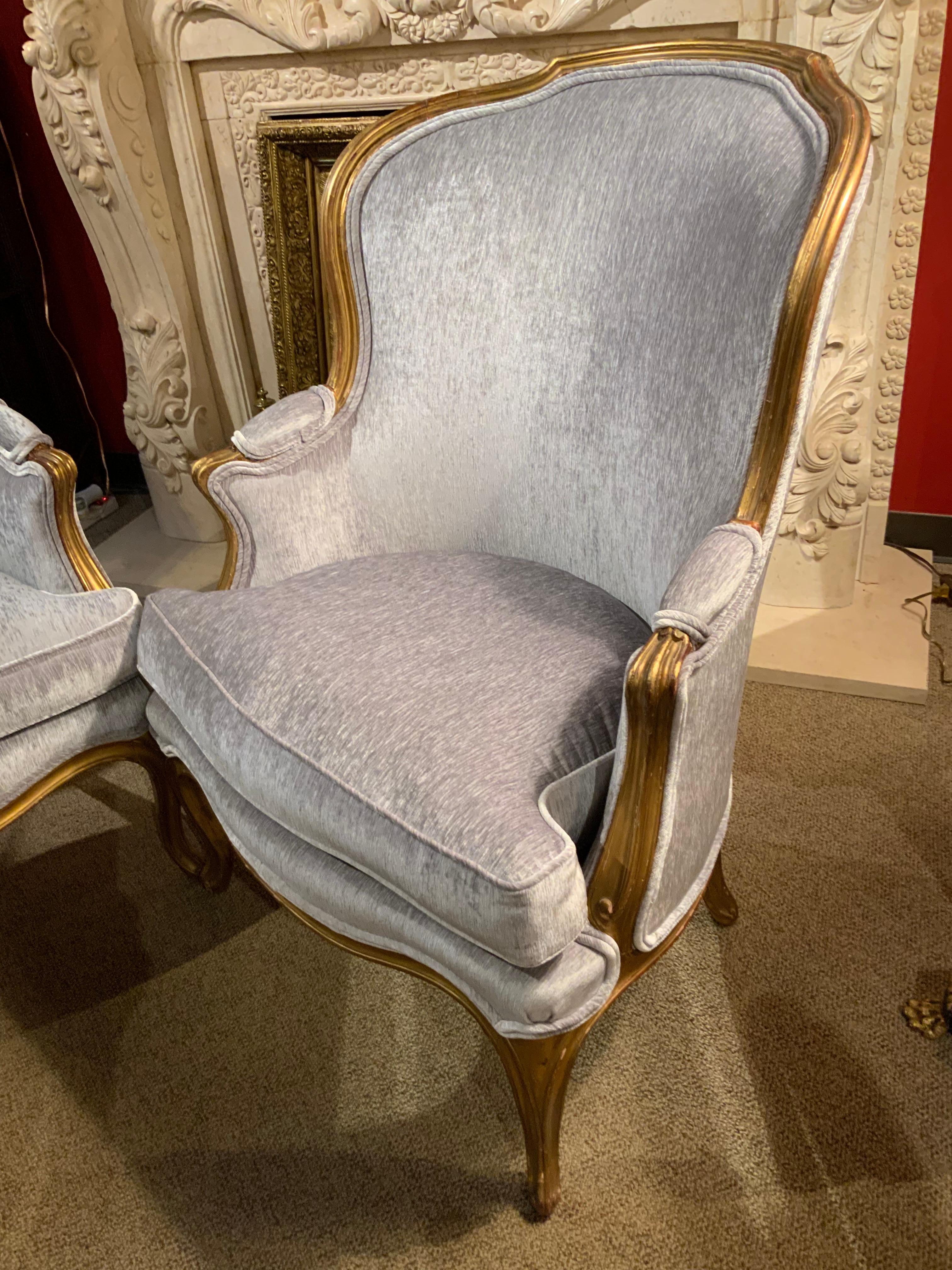 Pair of French Antique Giltwood Louis XVI-Style Bergere Chairs/Arm Chairs 19th C For Sale 1