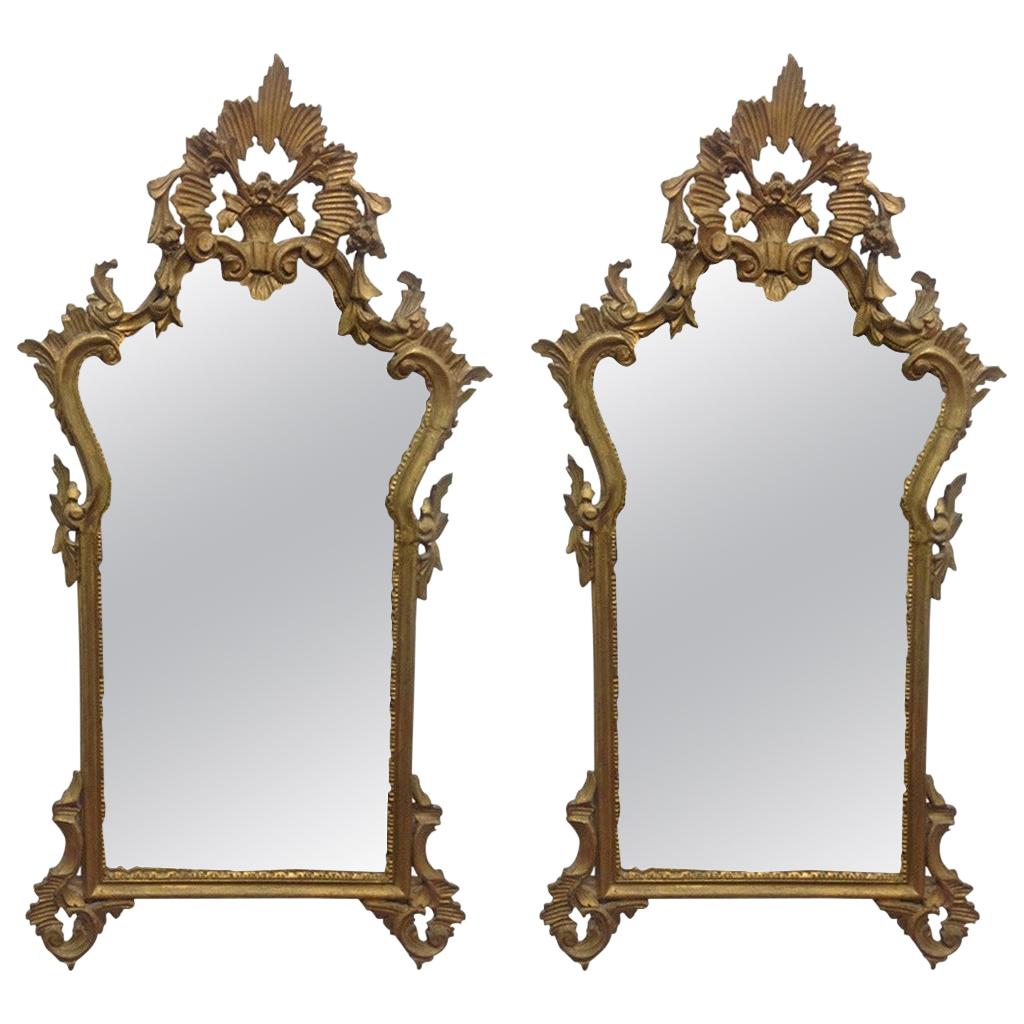 Pair of French Antique Hand Carved Wooden Gilded Mirrors For Sale