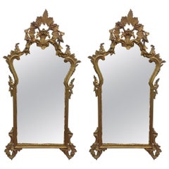 Pair of French Antique Hand Carved Wooden Gilded Mirrors