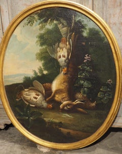 Pair of French Antique Hunt Trophy Paintings in Giltwood Frames, 19th Century