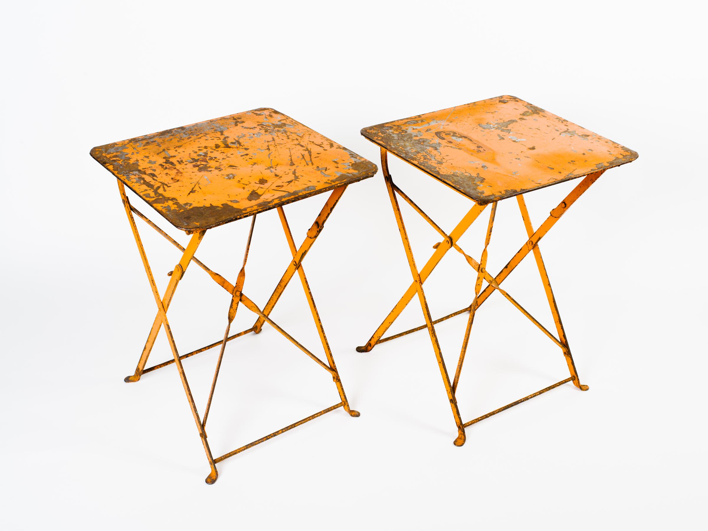 Industrial Pair of French Antique Garden Tables in Distressed Orange Iron, c. 1930's