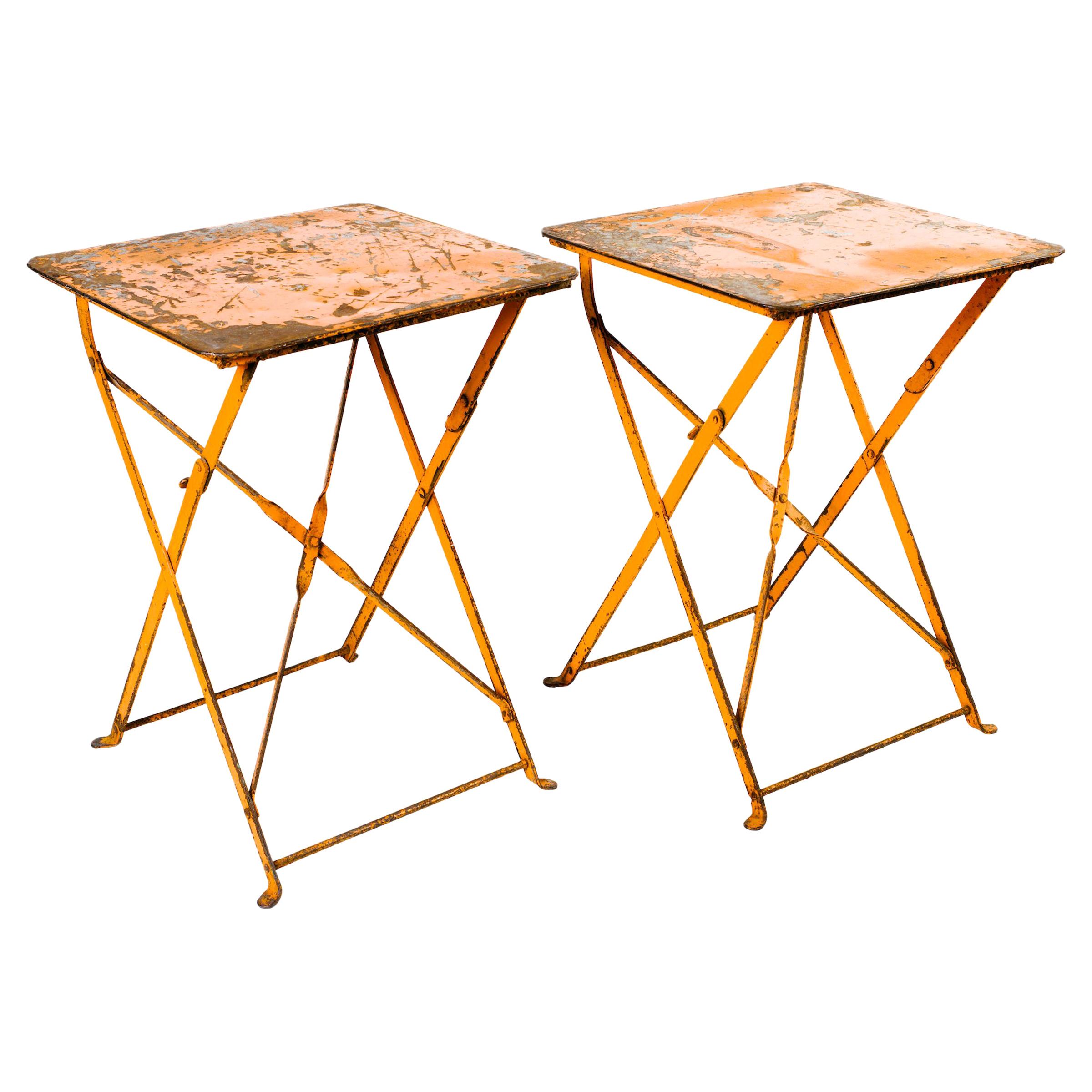 Pair of French Antique Garden Tables in Distressed Orange Iron, c. 1930's