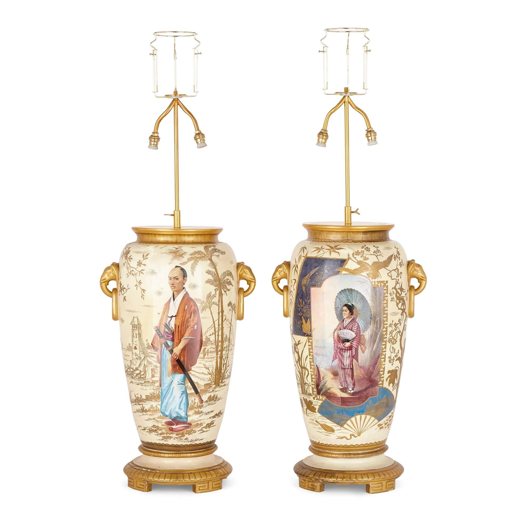 Pair of French Antique Japonisme Glazed Ceramic and Ormolu Mounted Lamps In Excellent Condition For Sale In London, GB