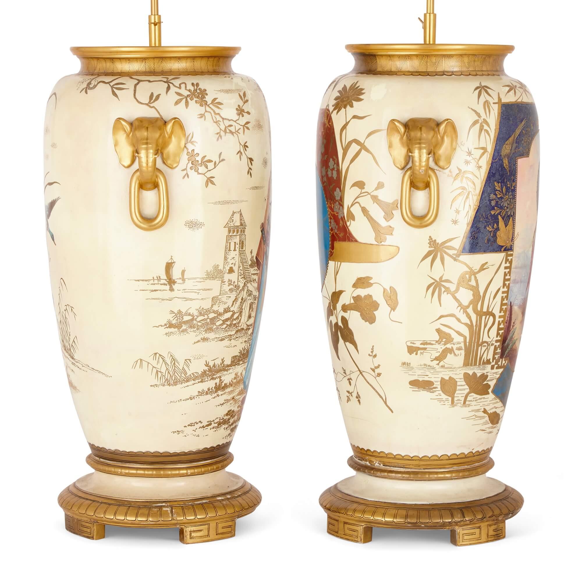 Pair of French Antique Japonisme Glazed Ceramic and Ormolu Mounted Lamps For Sale 1