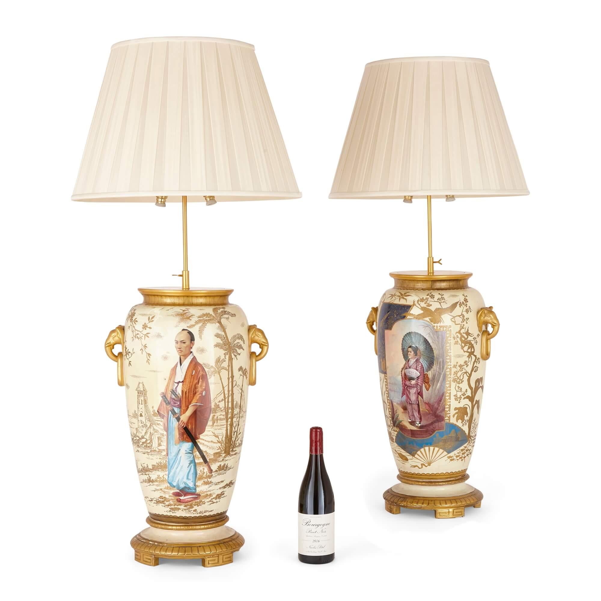 Pair of French Antique Japonisme Glazed Ceramic and Ormolu Mounted Lamps For Sale 4