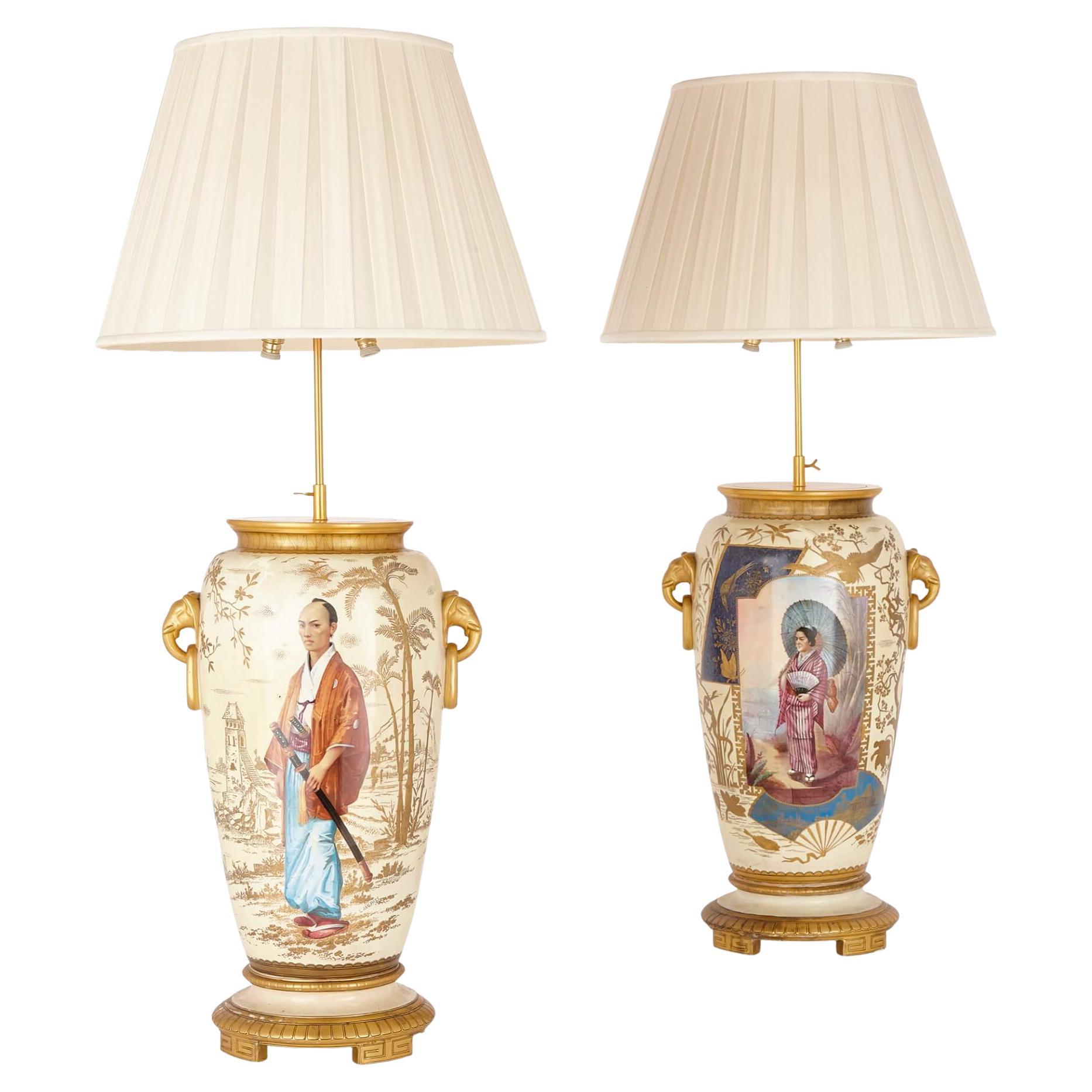 Pair of French Antique Japonisme Glazed Ceramic and Ormolu Mounted Lamps For Sale