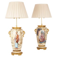 Pair of French Antique Japonisme Glazed Ceramic and Ormolu Mounted Lamps