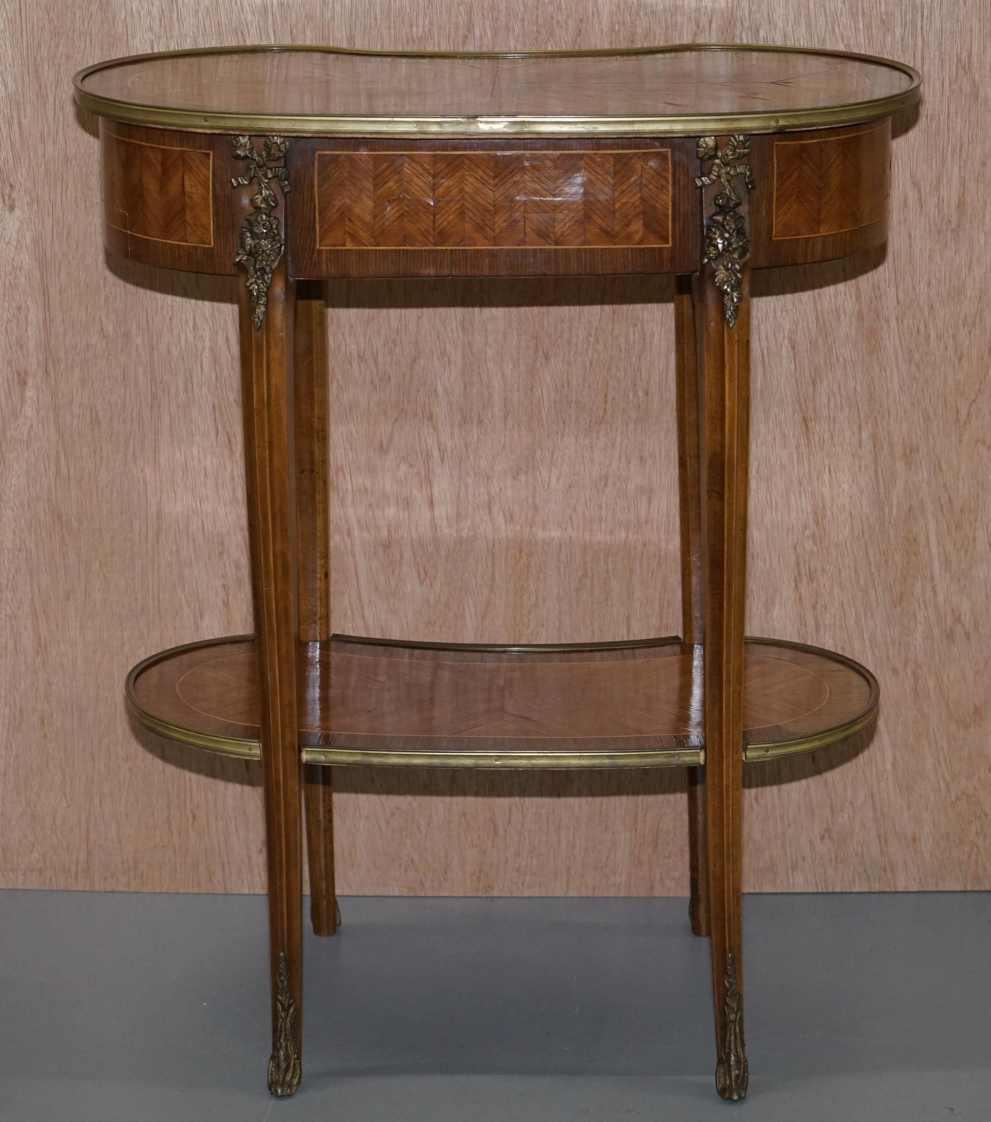 Pair of French Antique Kidney Side Tables Bronzed Fittings Marquetry Inlaid 7