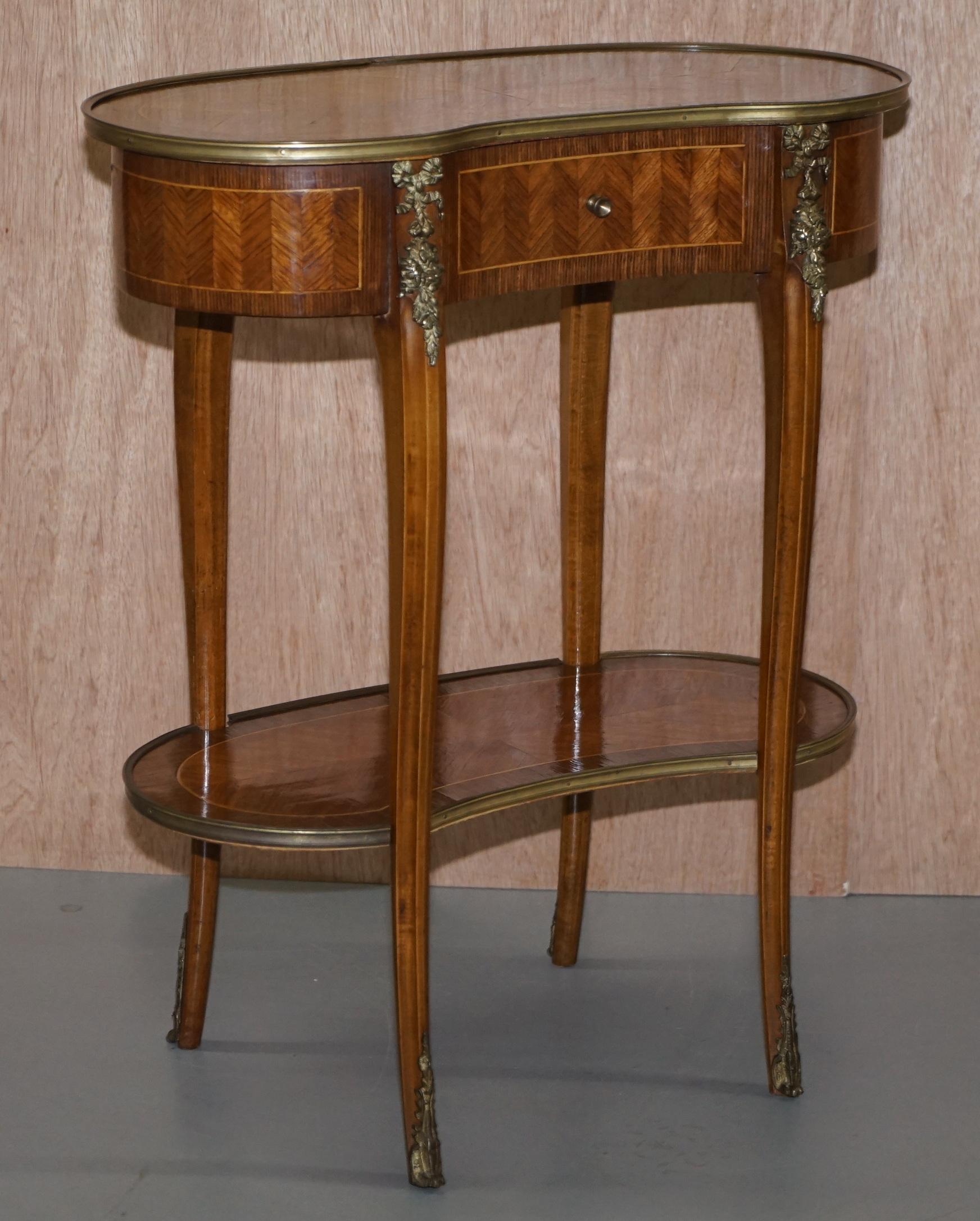 Pair of French Antique Kidney Side Tables Bronzed Fittings Marquetry Inlaid 8