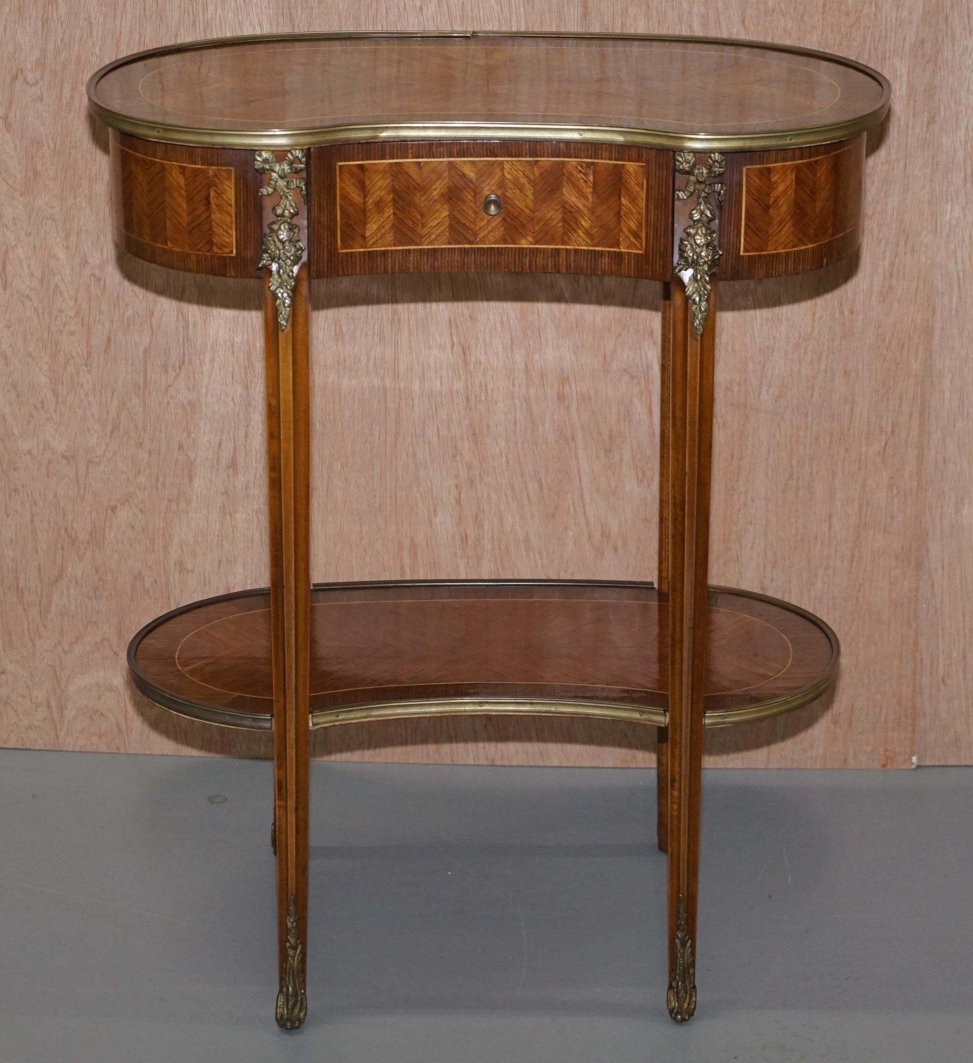 Pair of French Antique Kidney Side Tables Bronzed Fittings Marquetry Inlaid 9