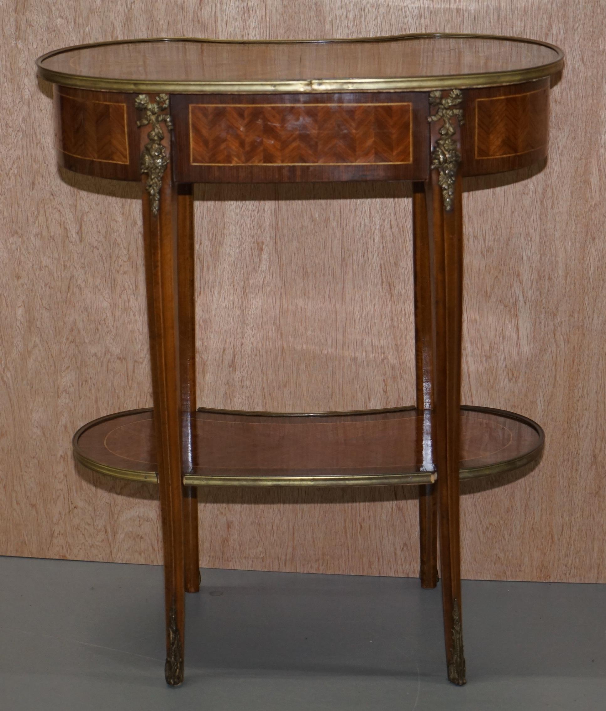 Pair of French Antique Kidney Side Tables Bronzed Fittings Marquetry Inlaid 15